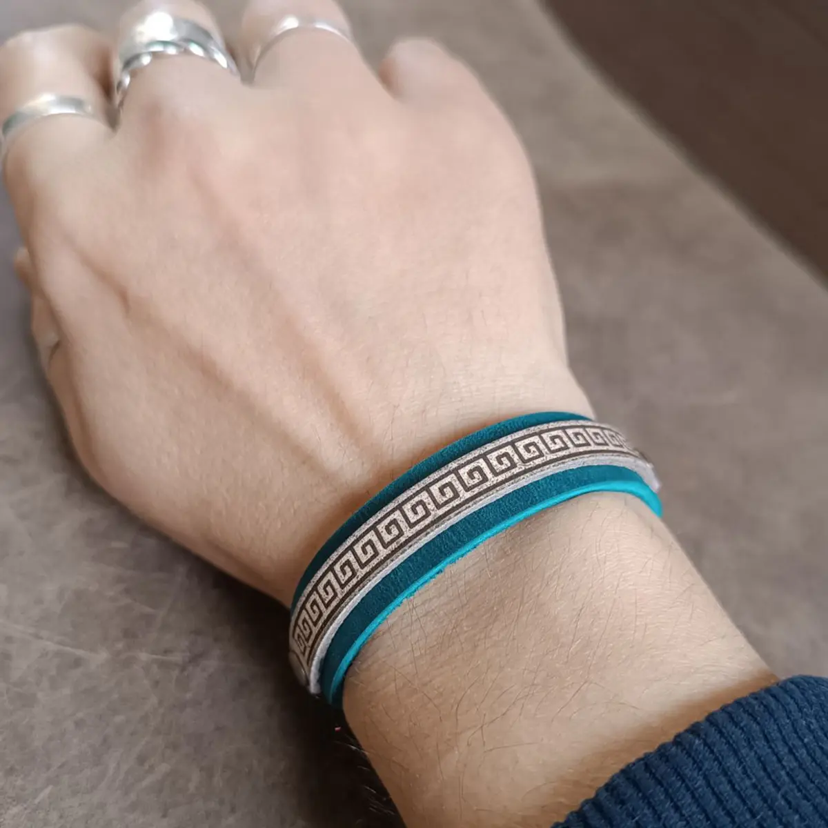 Blue Meander Greek Key Leather Bracelet