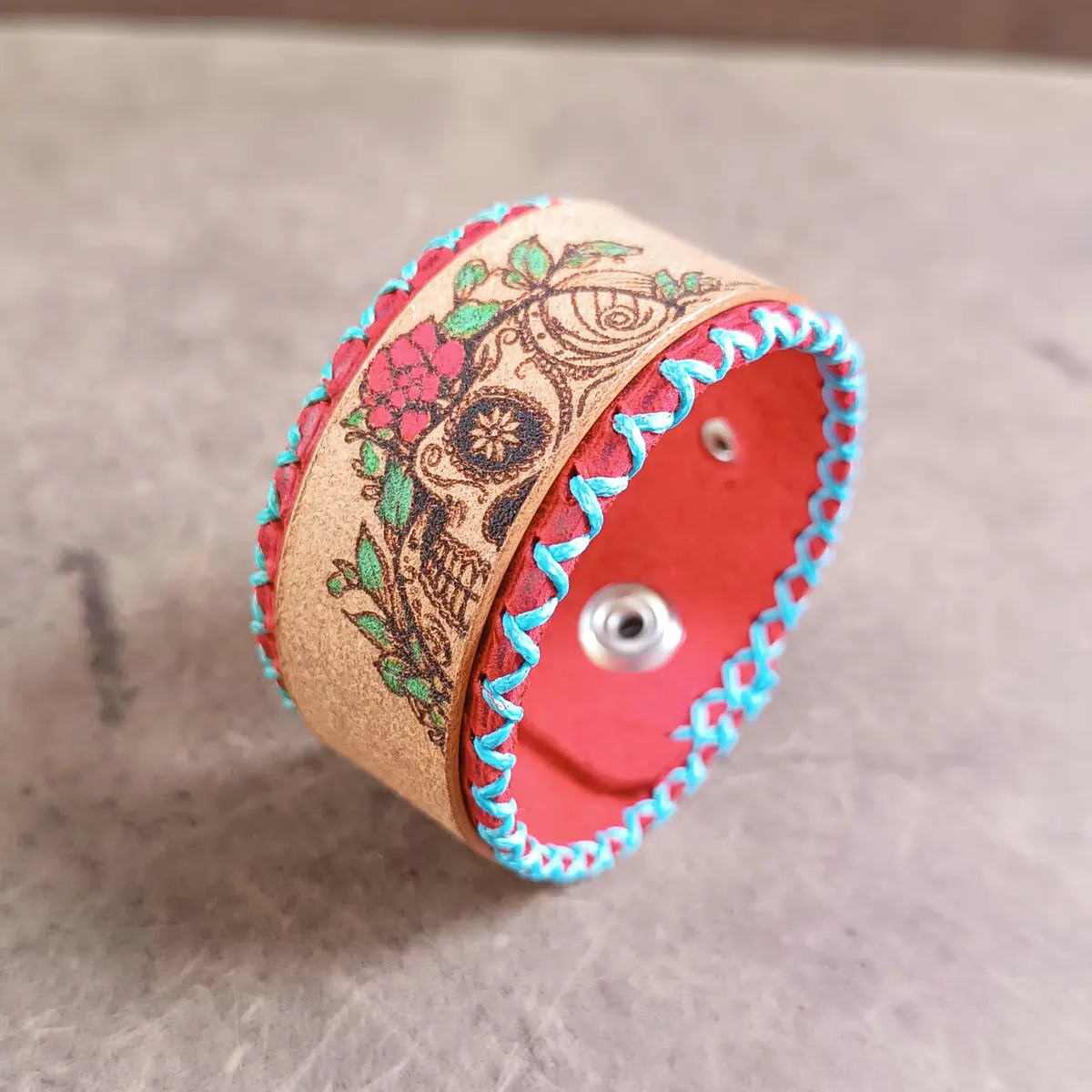 Floral Sugar Skull Leather Cuff – Bold & Timeless