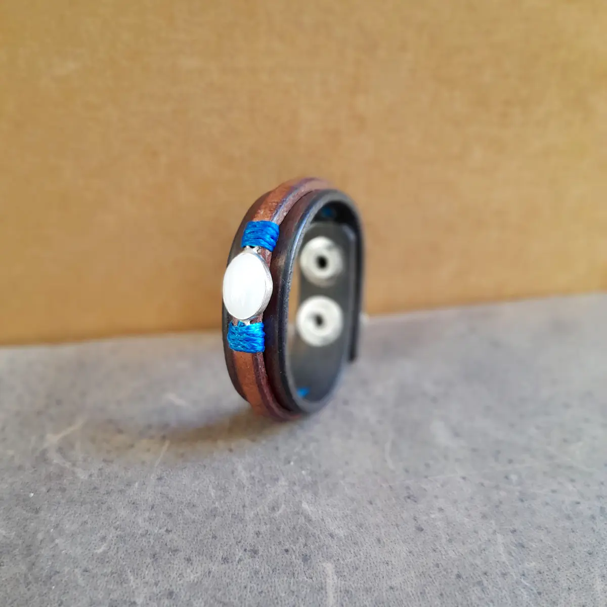 Natural Opal Leather Bracelet on Sterling Silver Pendant