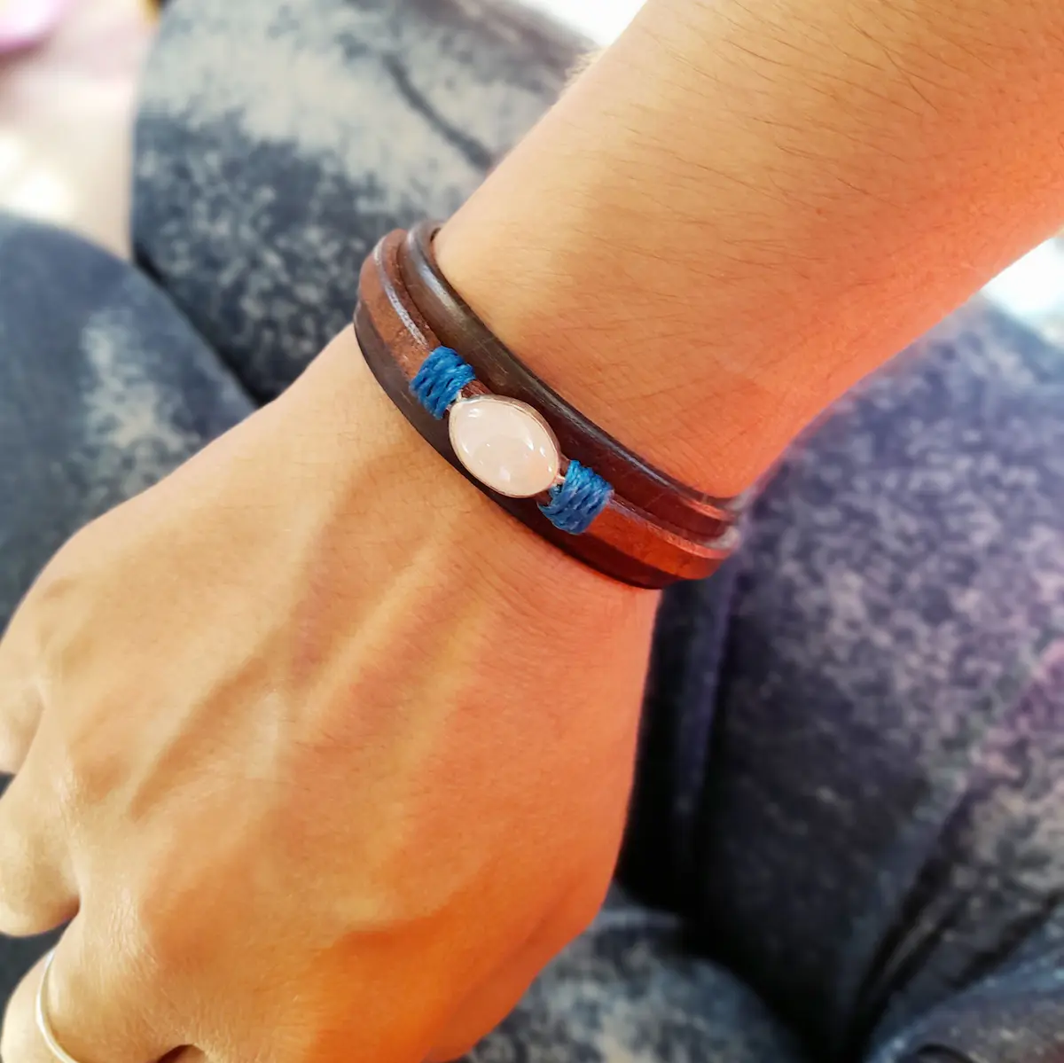 Natural Opal Leather Bracelet on Sterling Silver Pendant