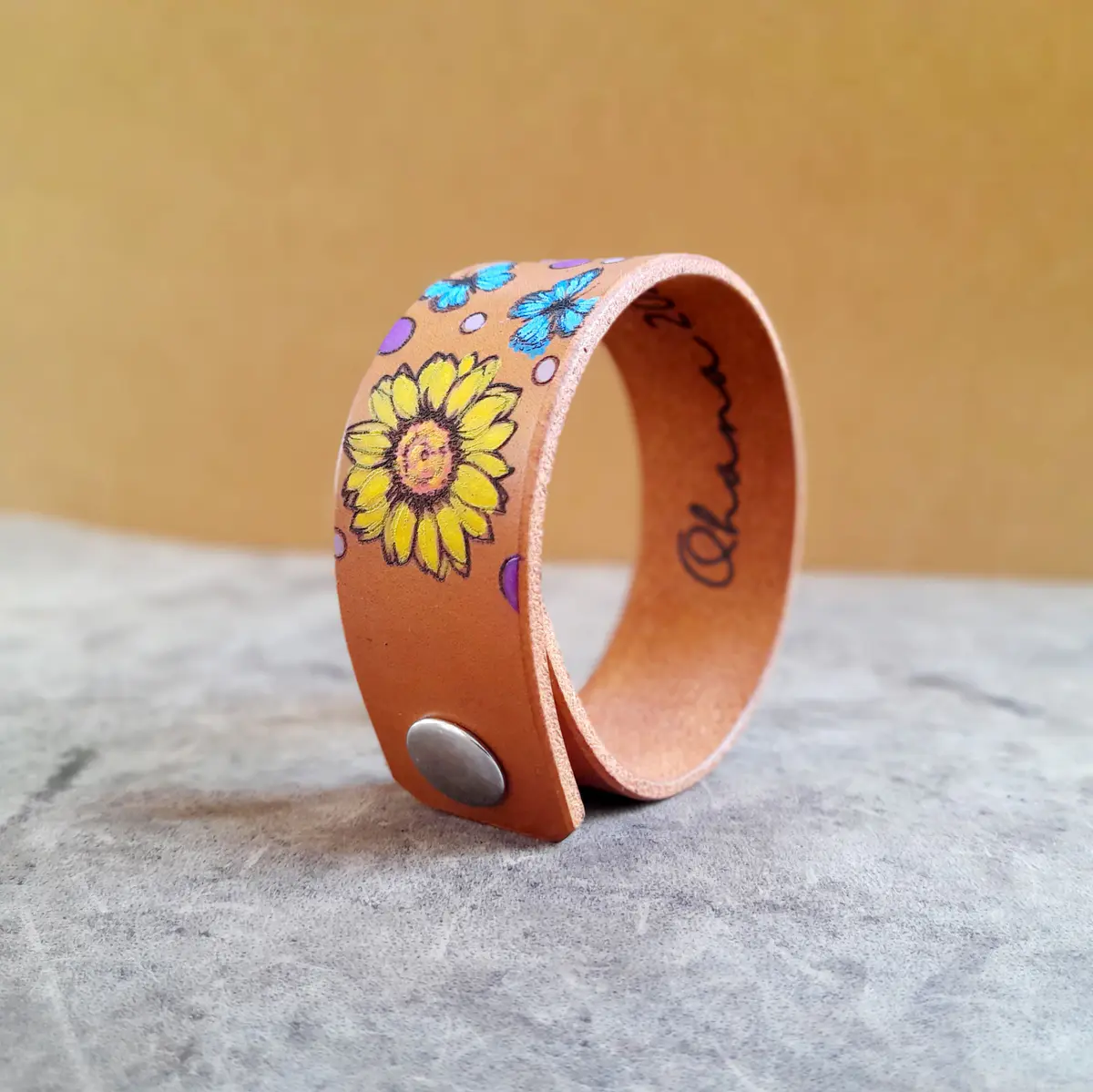Large Yellow Flowers and Butterflies Leather Cuff Bracelet
