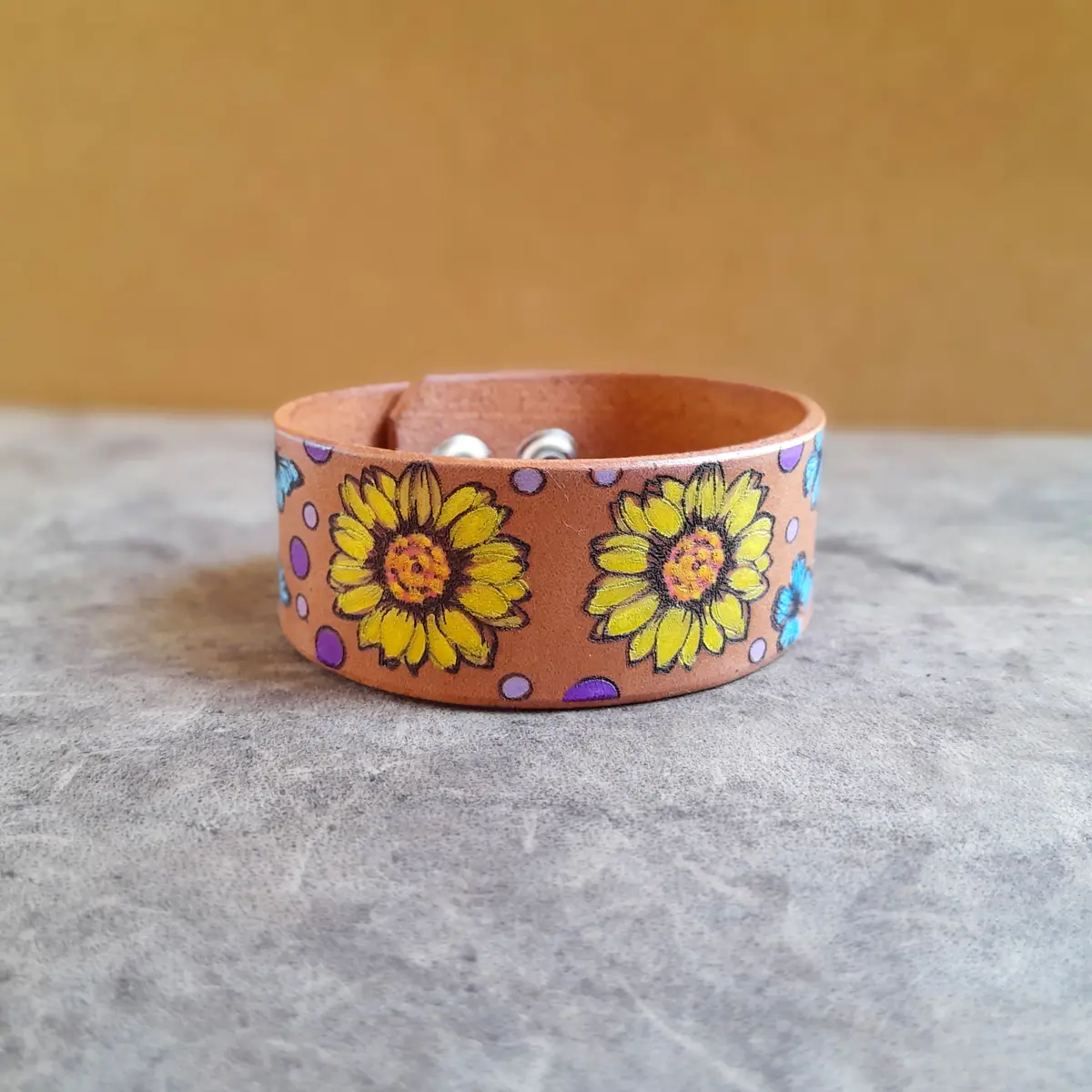 Large Yellow Flowers and Butterflies Leather Cuff Bracelet