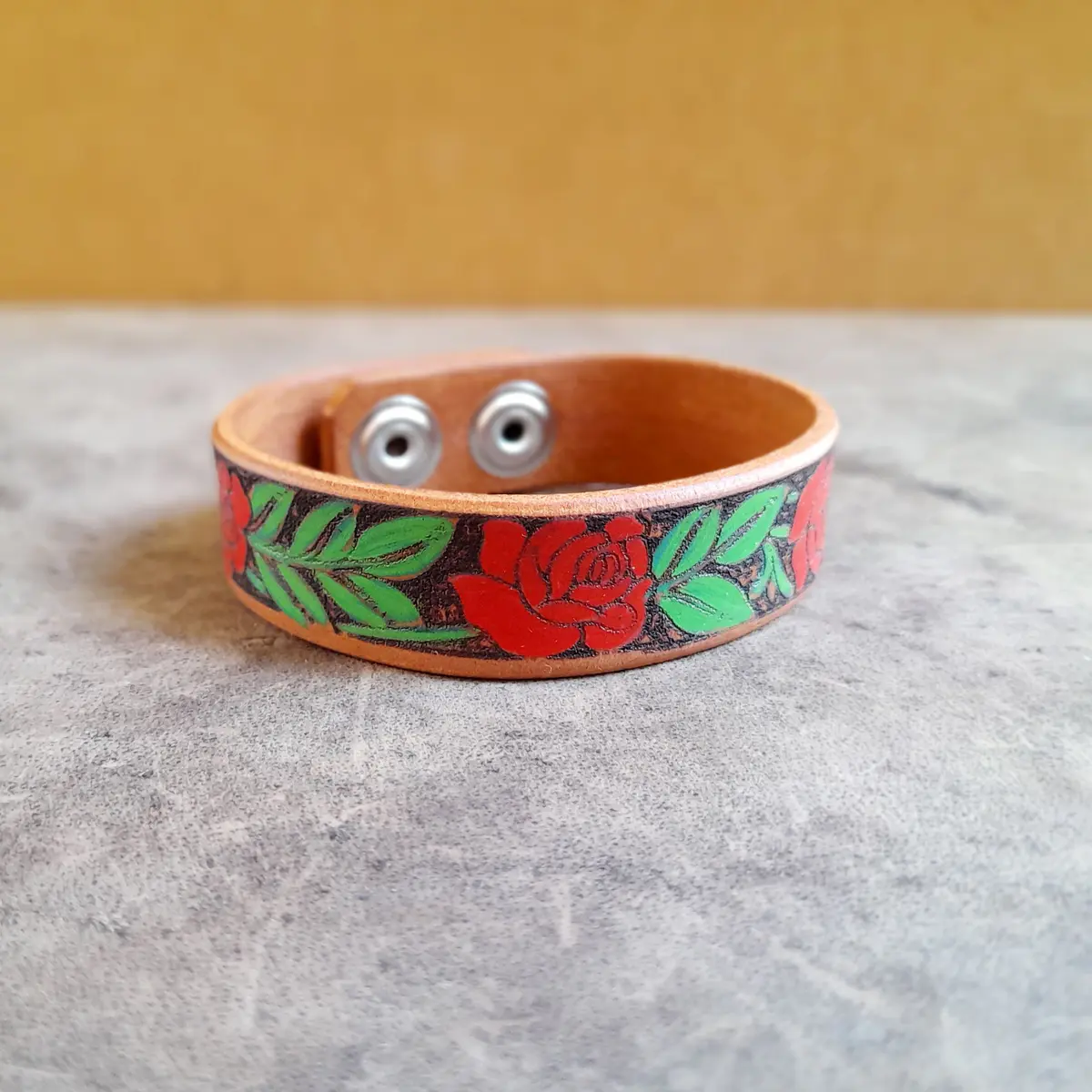 Hand Painted Red Rose Vine Leather Cuff Bracelet