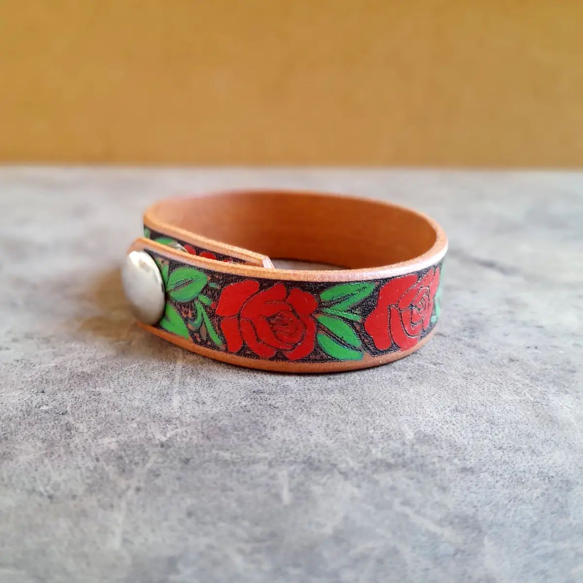 Hand Painted Red Rose Vine Leather Cuff Bracelet
