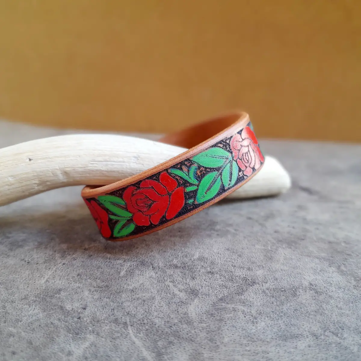 Hand Painted Red Rose Vine Leather Cuff Bracelet