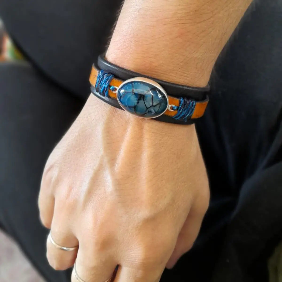 Natural Blue Dragon Veins Agate Leather Bracelet