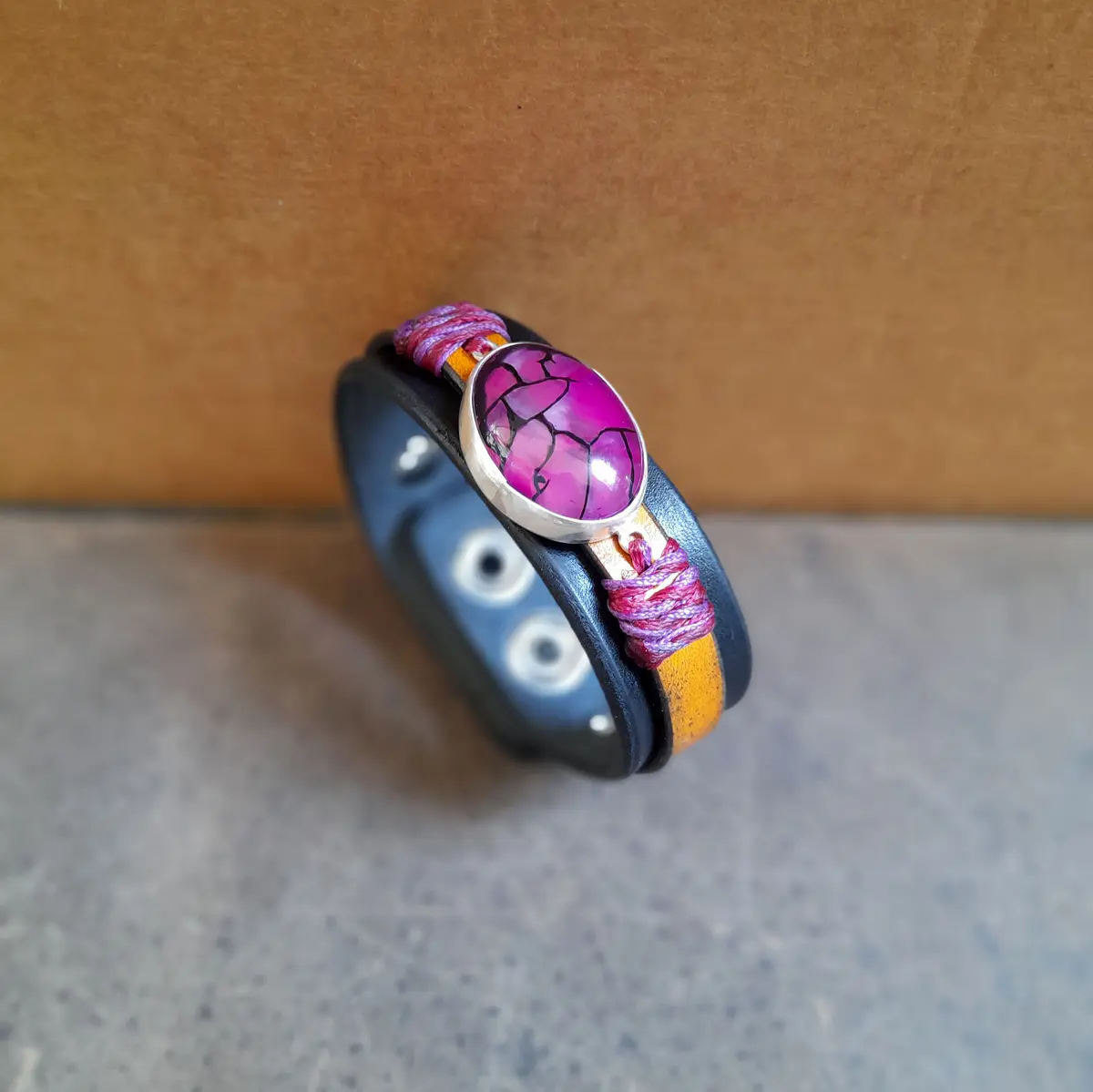 Natural Purple Dragon Veins Leather Bracelet, Silver 925