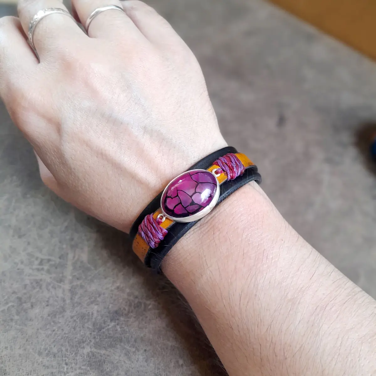 Natural Purple Dragon Veins Leather Bracelet, Silver 925