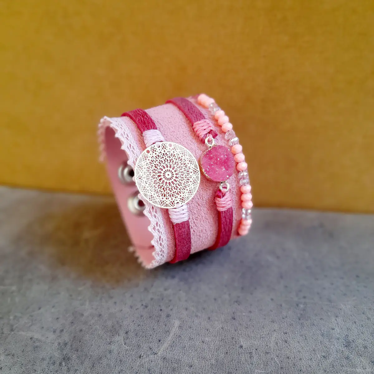 Extra Wide All Pink Suede Leather Cuff with Druzy Pendant and Gold Mandala Filigree