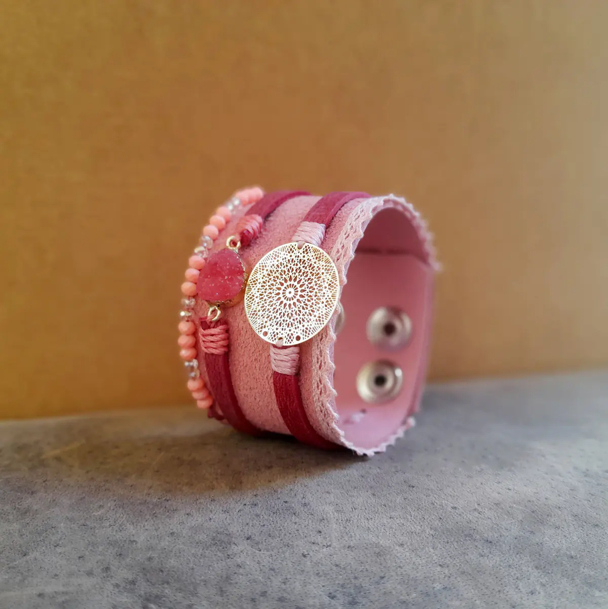 Extra Wide All Pink Suede Leather Cuff with Druzy Pendant and Gold Mandala Filigree