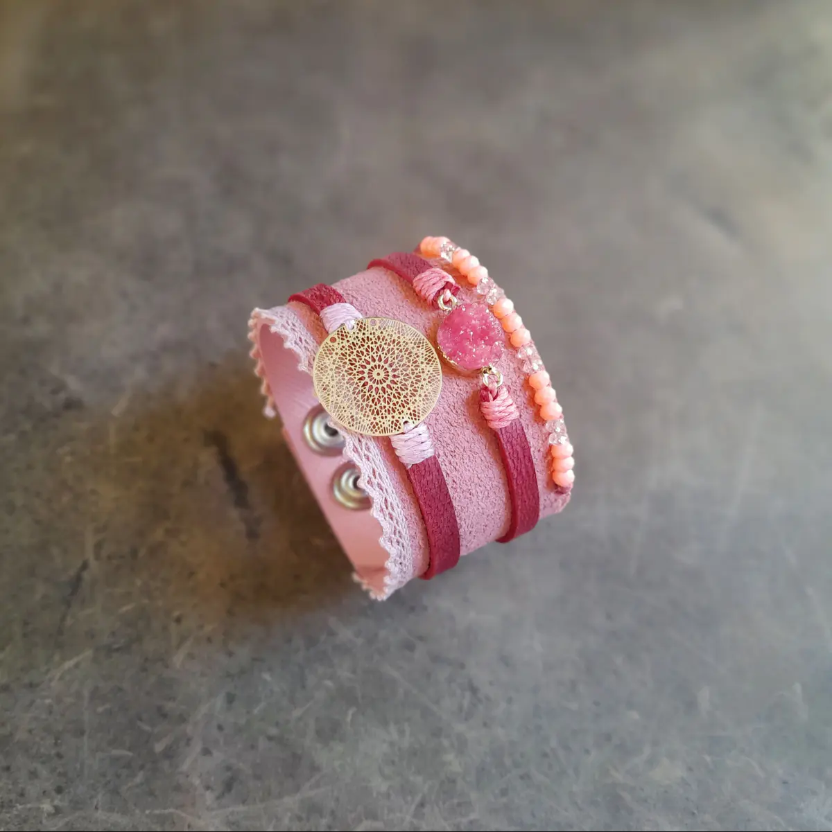Extra Wide All Pink Suede Leather Cuff with Druzy Pendant and Gold Mandala Filigree