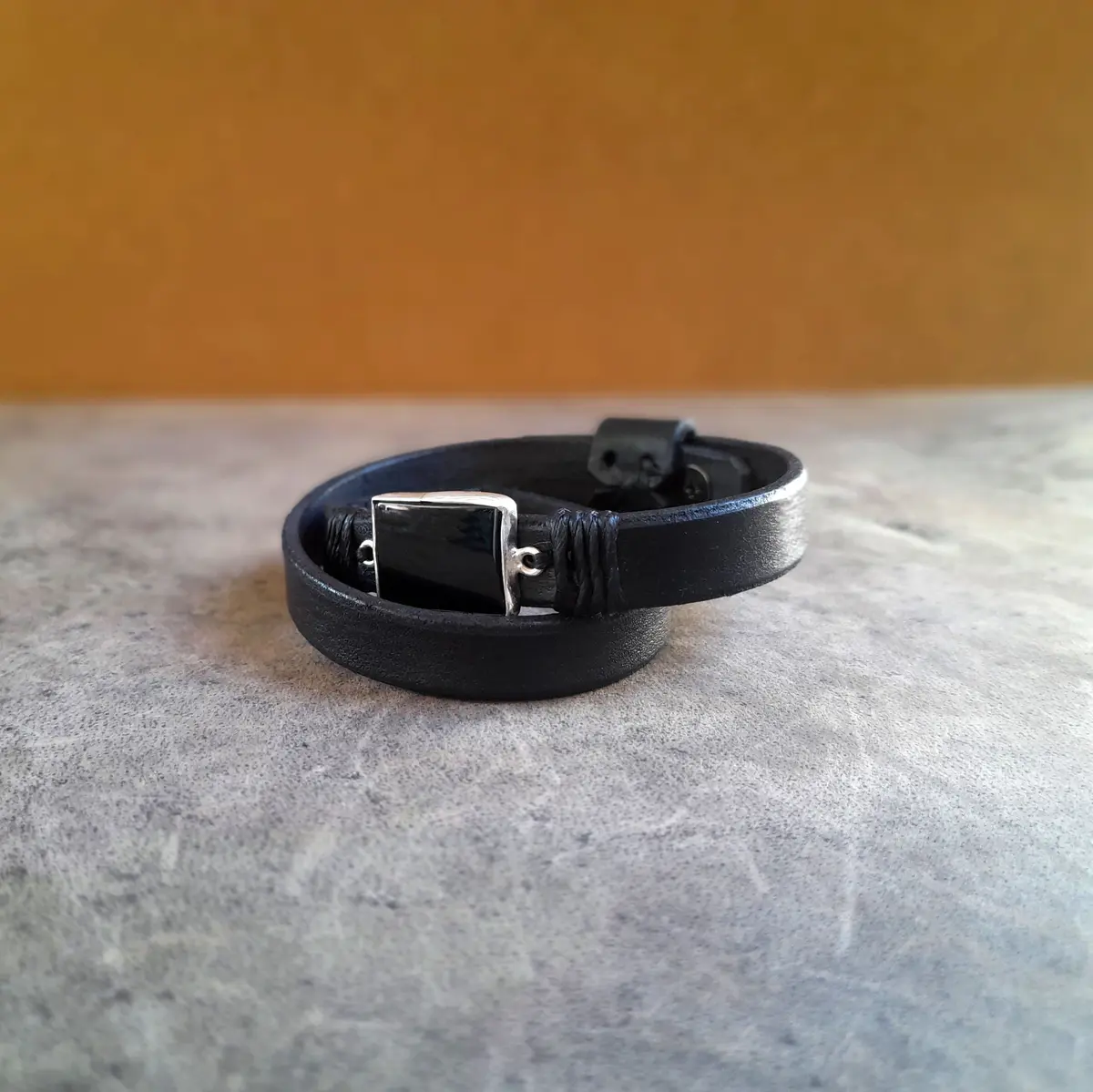 Sterling Silver Black Obsidian Wrap Leather Bracelet, All Black