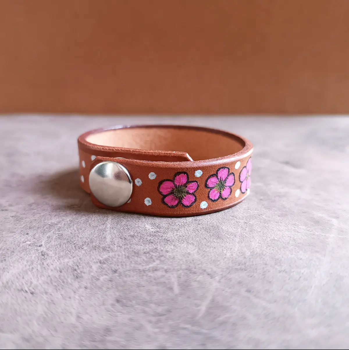 Hand Painted Sakura Flowers Leather Bracelet