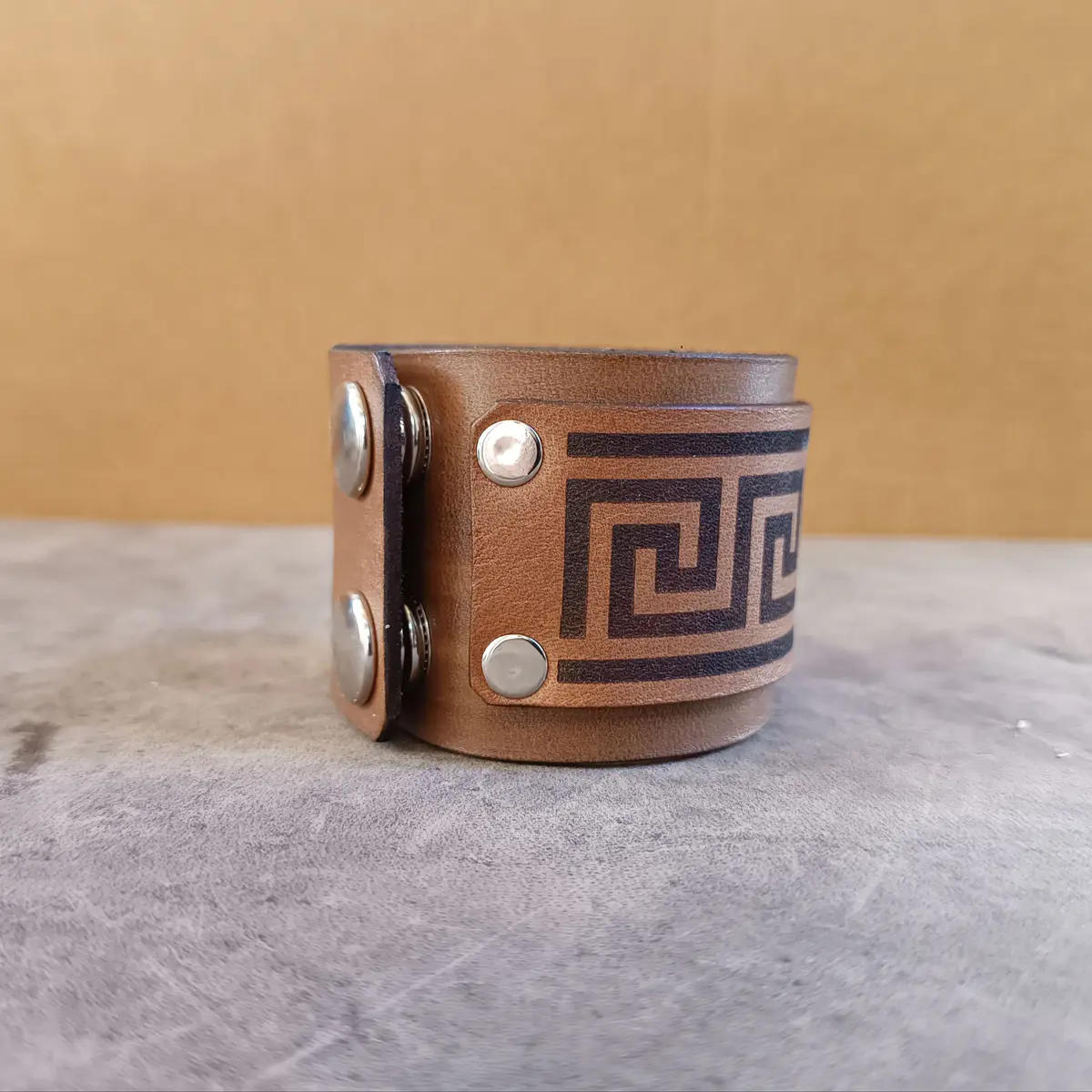 Extra Wide Greek Meander Leather Armband