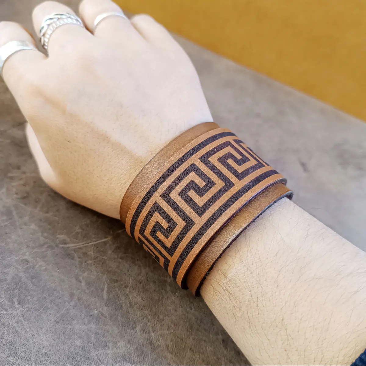 Extra Wide Greek Meander Leather Armband