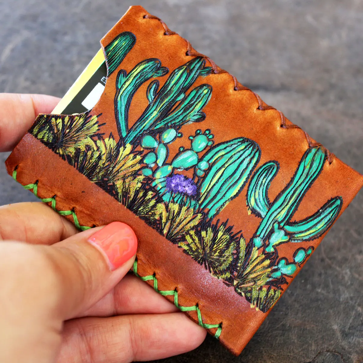 Hand Painted Arizona Cactus Leather Card Wallet