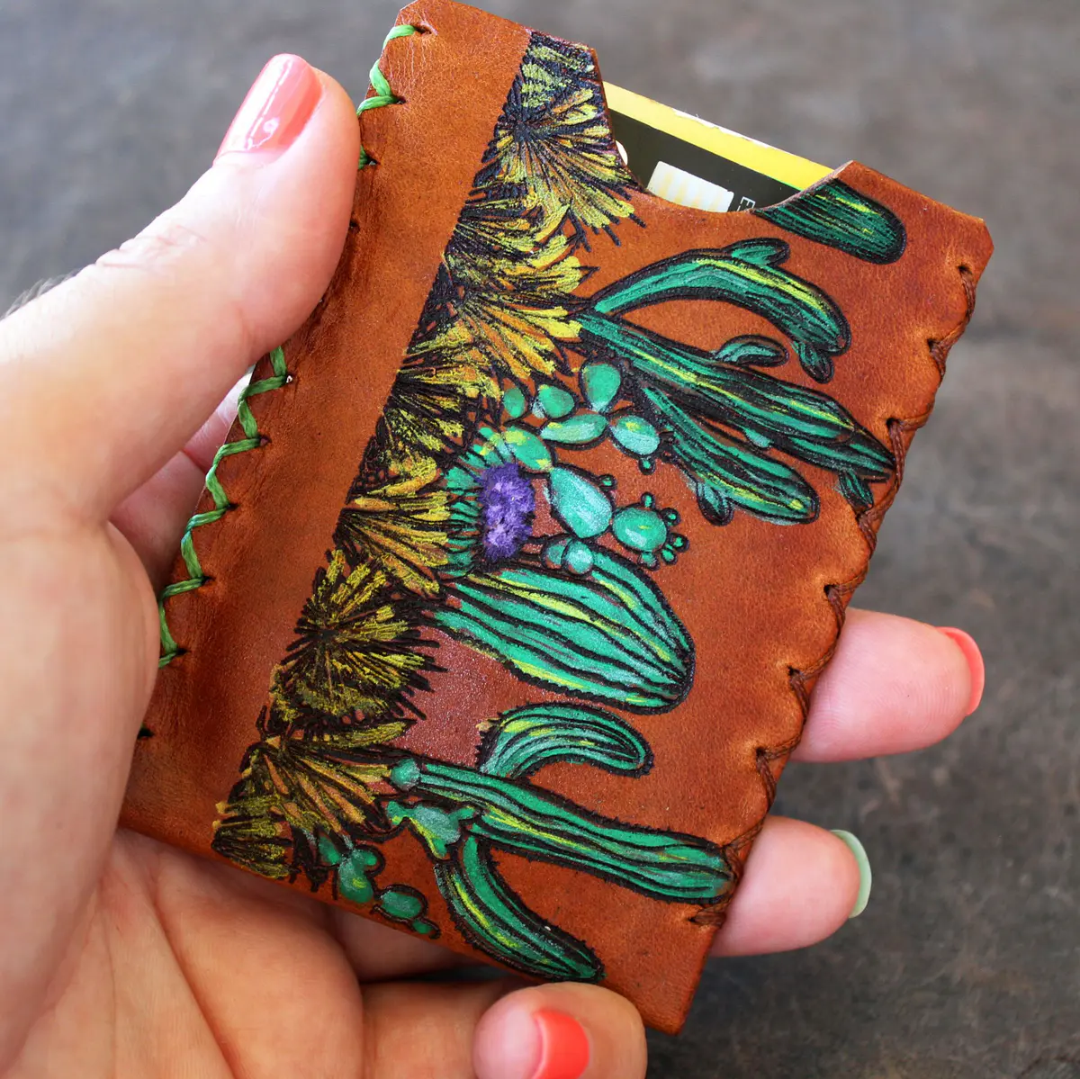 Hand Painted Arizona Cactus Leather Card Wallet