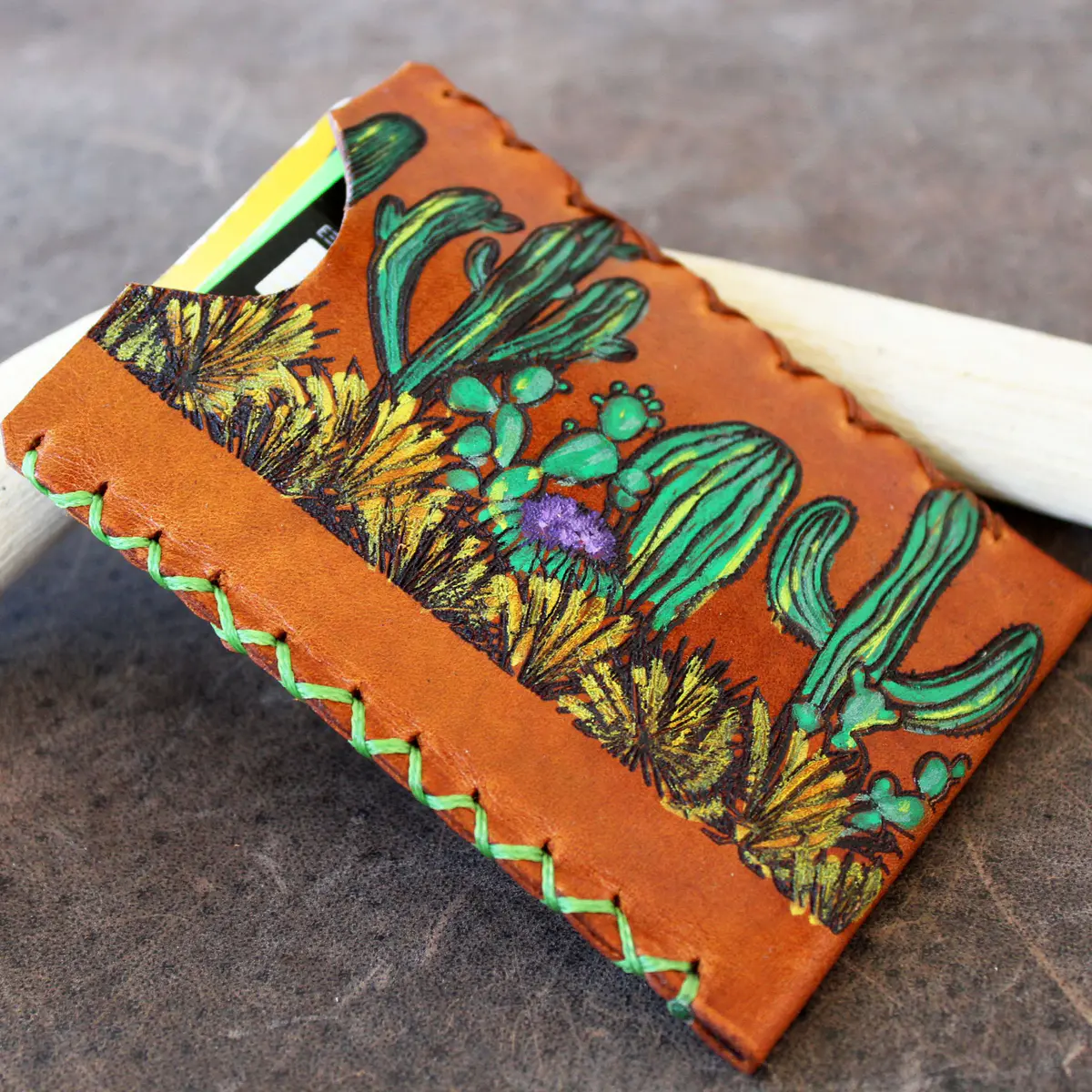 Hand Painted Arizona Cactus Leather Card Wallet