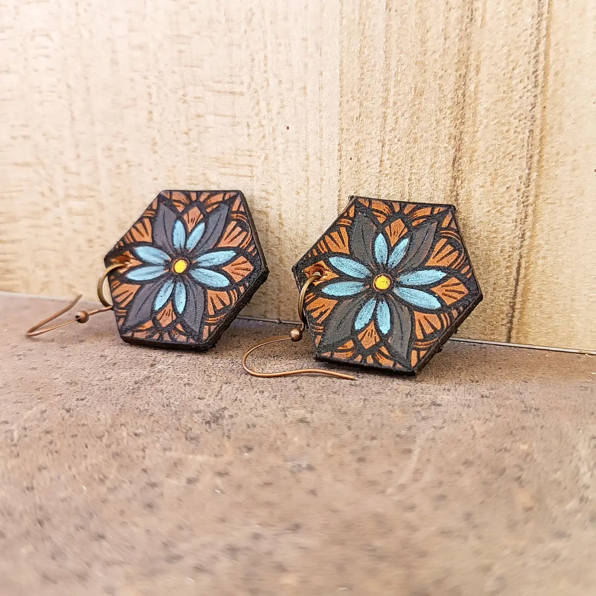 Hand Painted Floral Mandala Dangle Leather Earrings