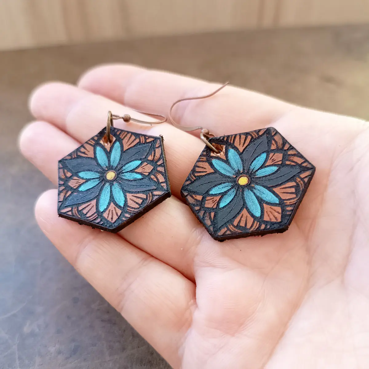Hand Painted Floral Mandala Dangle Leather Earrings