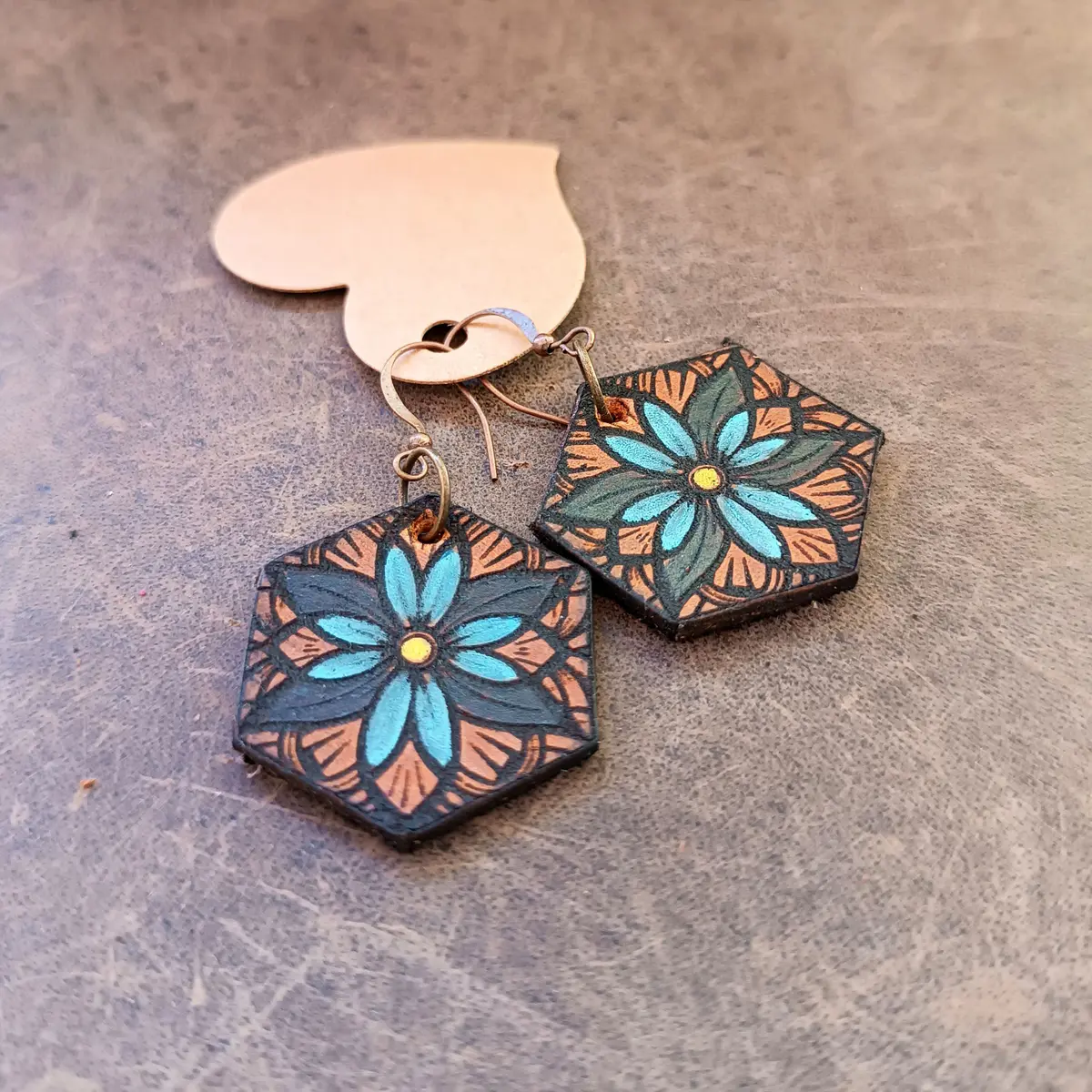Hand Painted Floral Mandala Dangle Leather Earrings