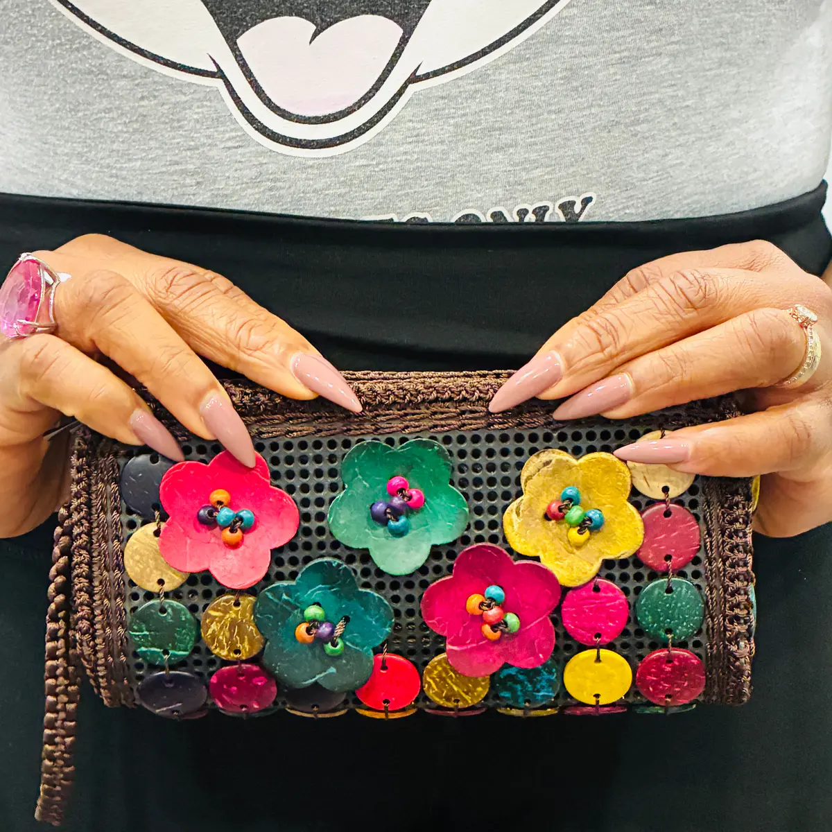 Handbag with beads, handmade, wood, for women, all occasion 20cm width and 10cm length