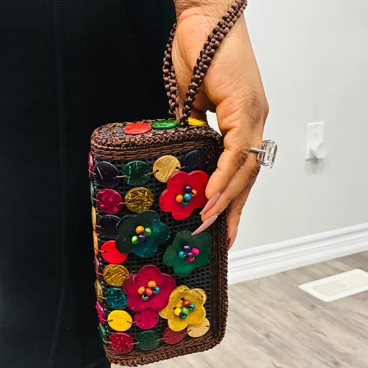 Handbag with beads, handmade, wood, for women, all occasion 20cm width and 10cm length