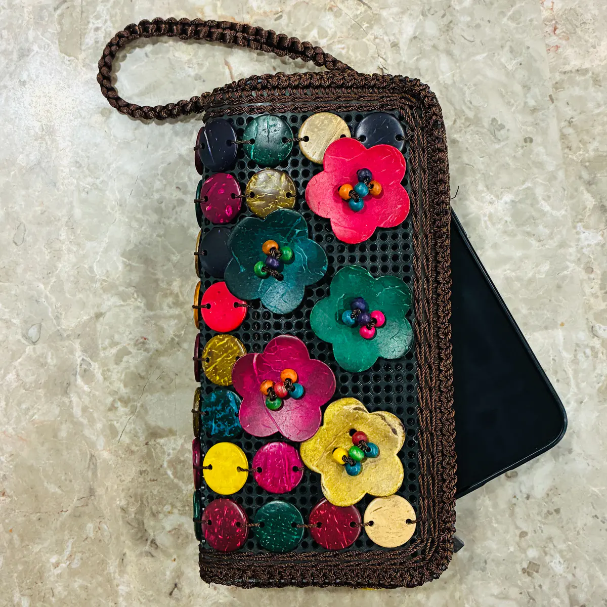 Handbag with beads, handmade, wood, for women, all occasion 20cm width and 10cm length