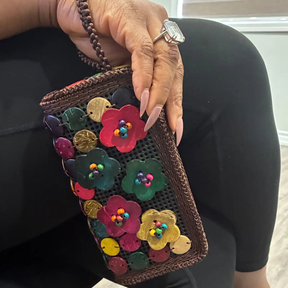 Handbag with beads, handmade, wood, for women, all occasion 20cm width and 10cm length