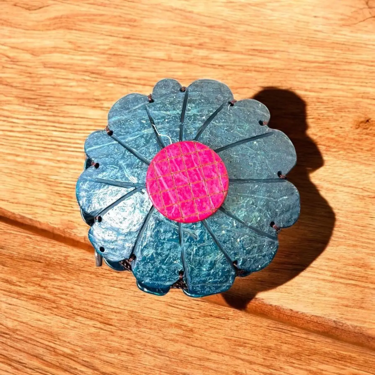 A blue wooden handmade coin purse for women