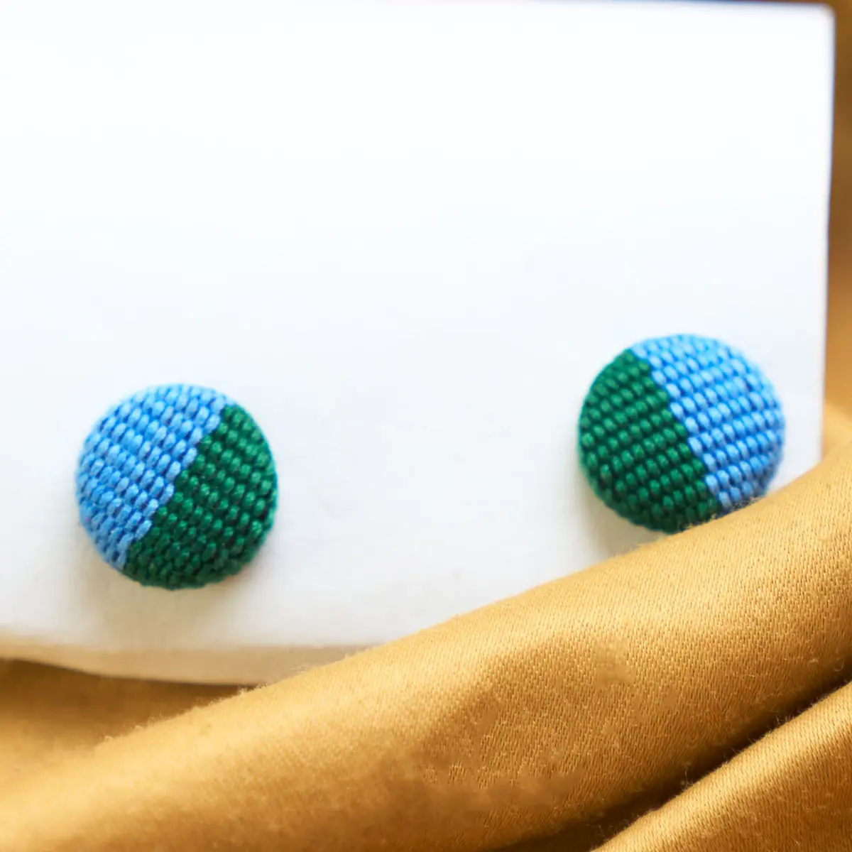 An African Aso Oke Earrings for Women - Blue-Green Pattern