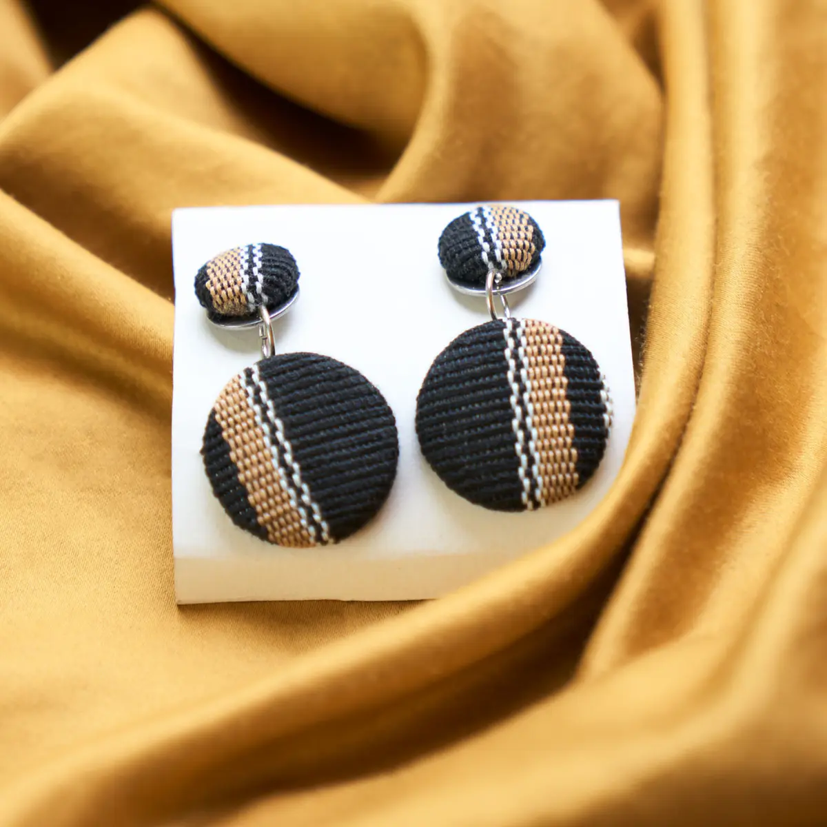 A Double-layered Handmade Aso Oke Earrings - Black-Brown