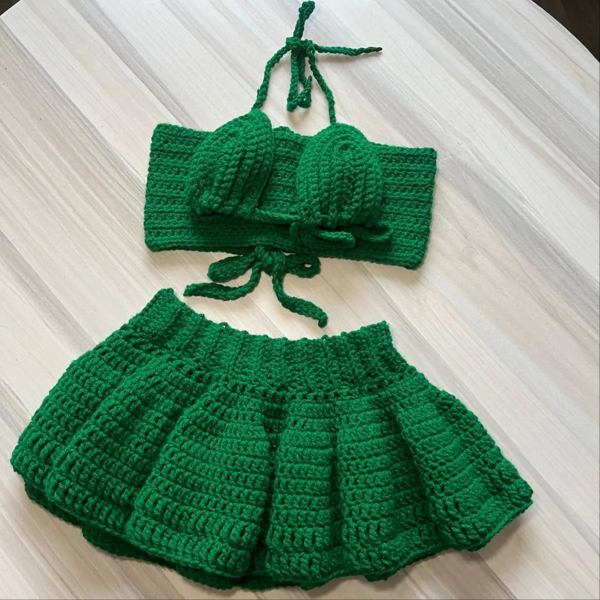 Green handwoven crochet two-piece for women