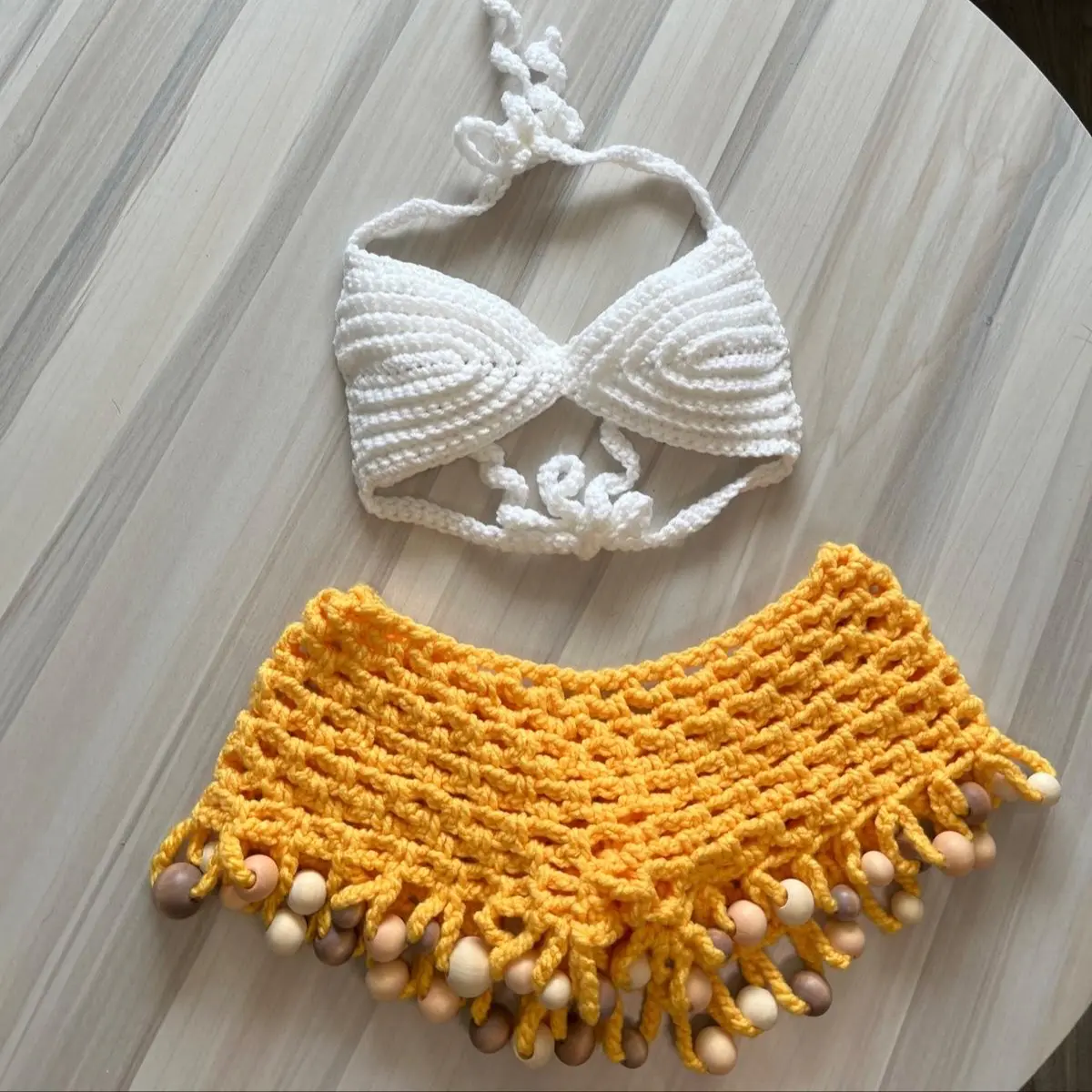 White/Yellow handwoven crochet two-piece for women