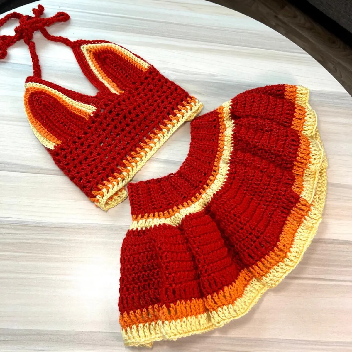 Red handwoven crochet two-piece for women