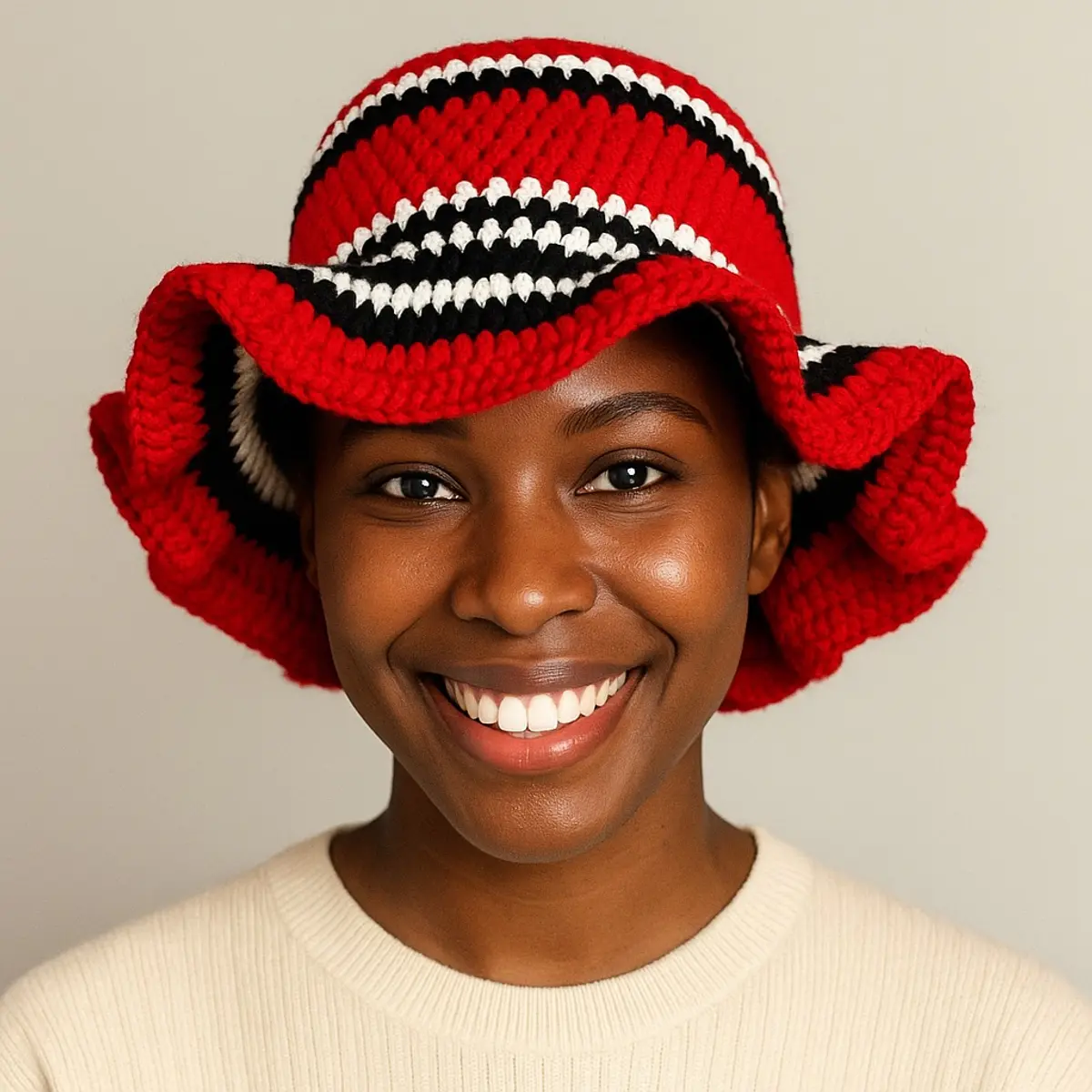 Red with black & white handmade crochet hat