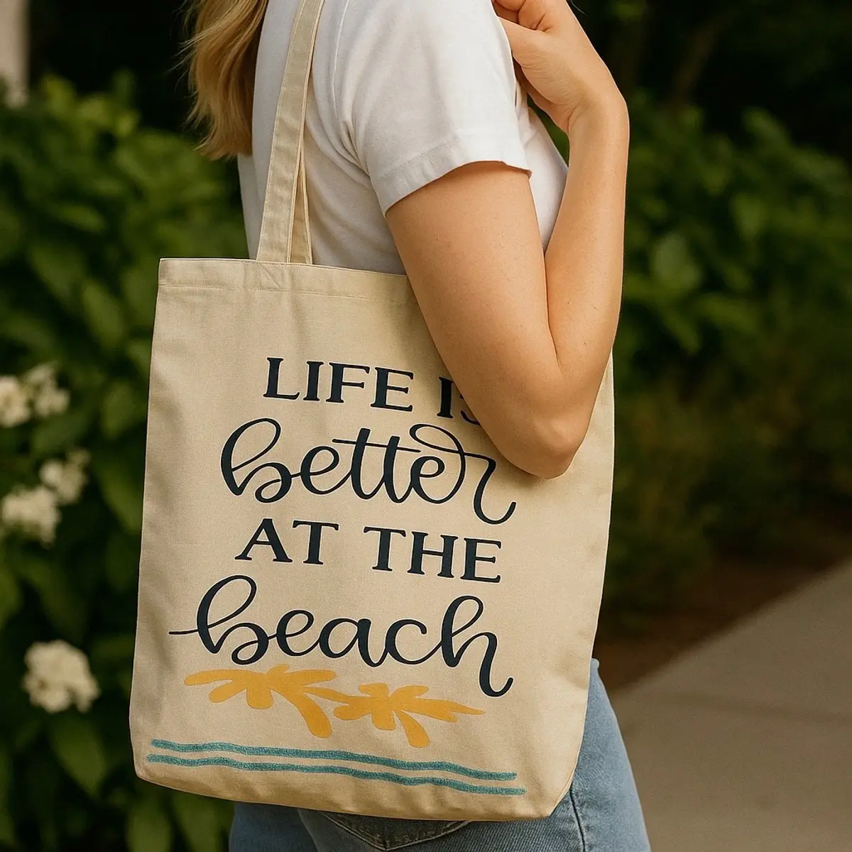 Showcasing someone wearing the tote bag for women