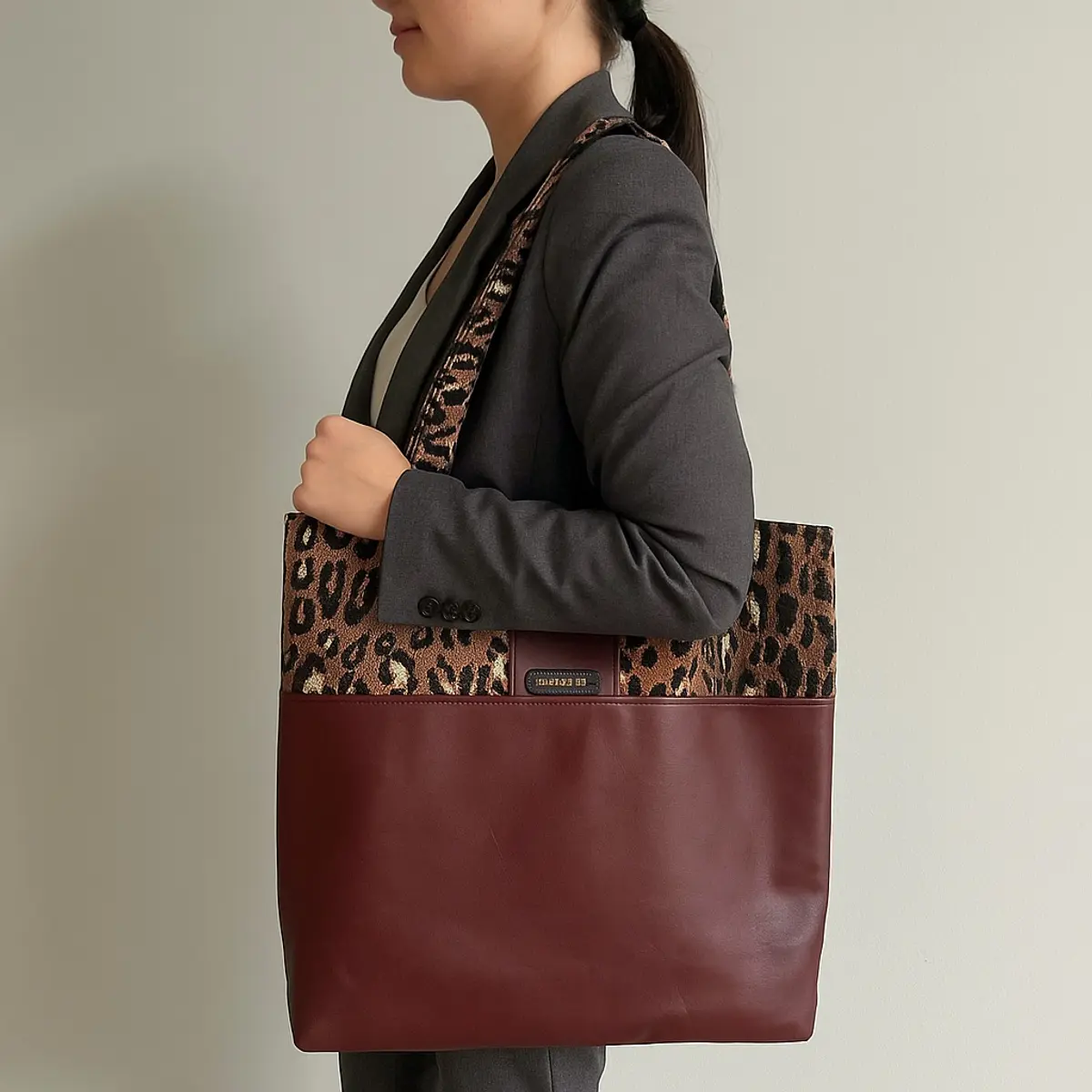 Showcasing someone wearing the faux leather leopard print tote bag