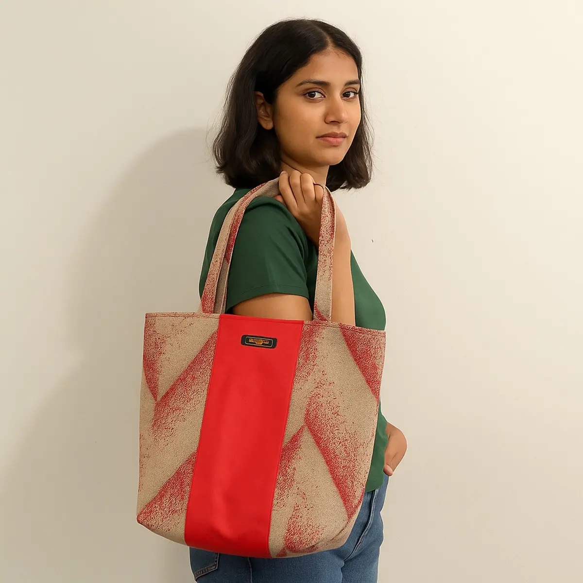 Someone wearing the chevron tote bag