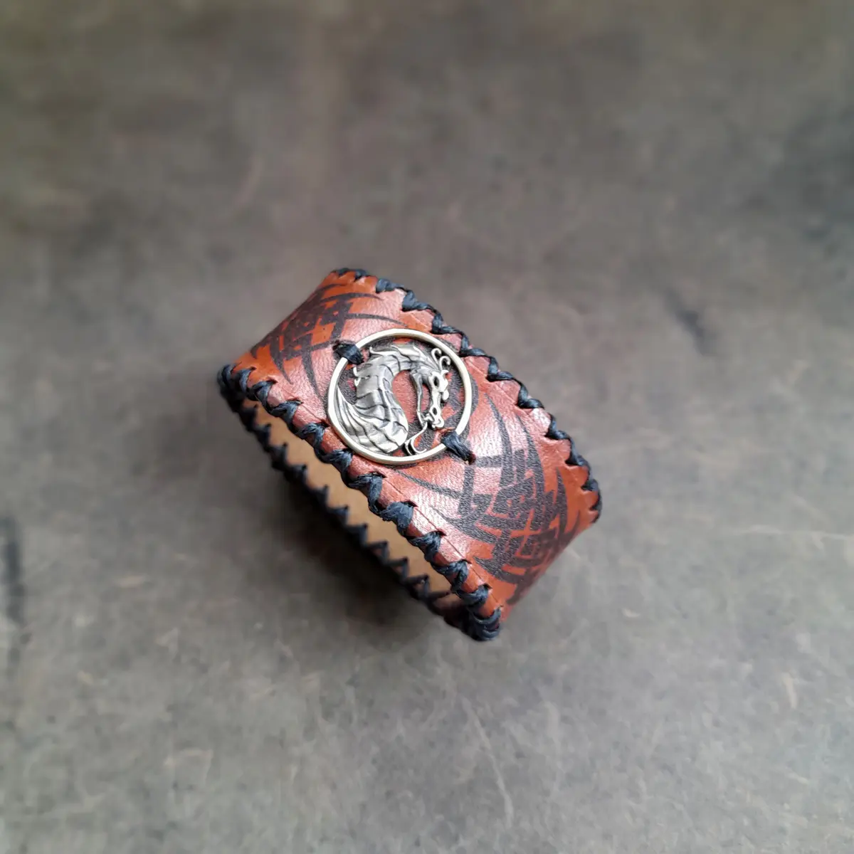 Chinese Tribal Dragon Leather Cuff