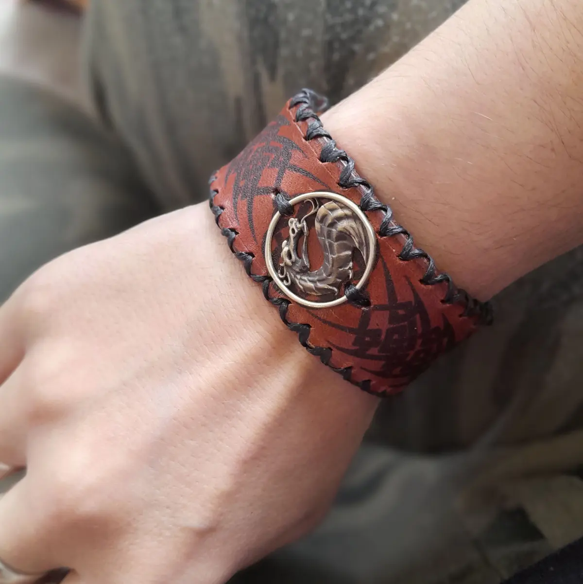 Chinese Tribal Dragon Leather Cuff