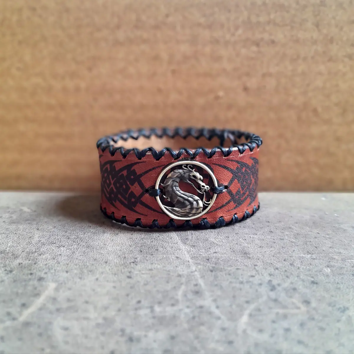 Chinese Tribal Dragon Leather Cuff