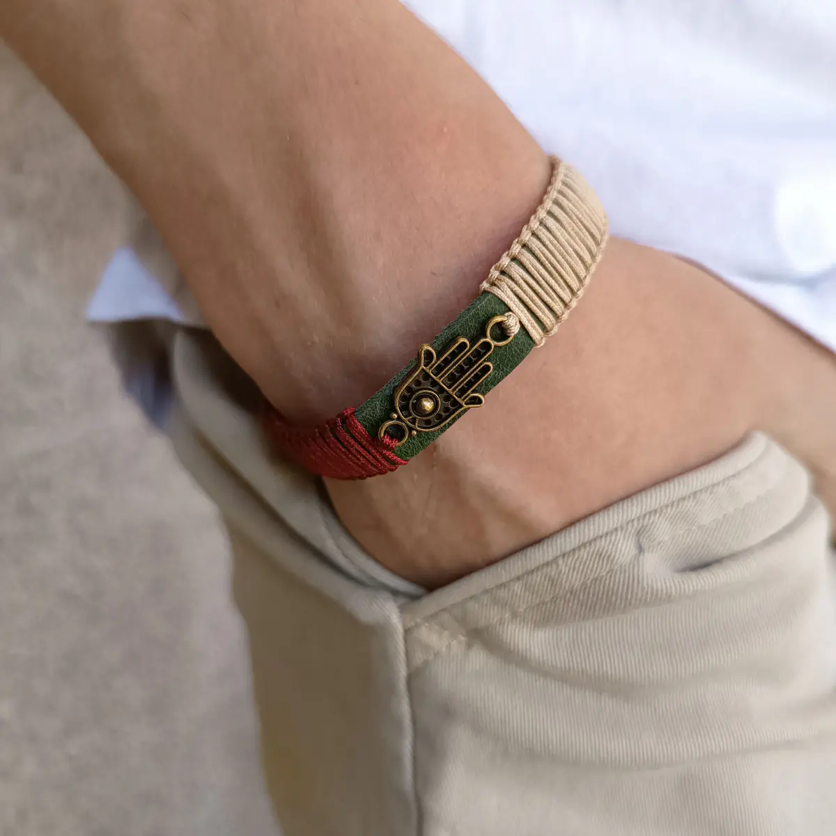 Hamsa Hand Woven Leather Bracelet Worn