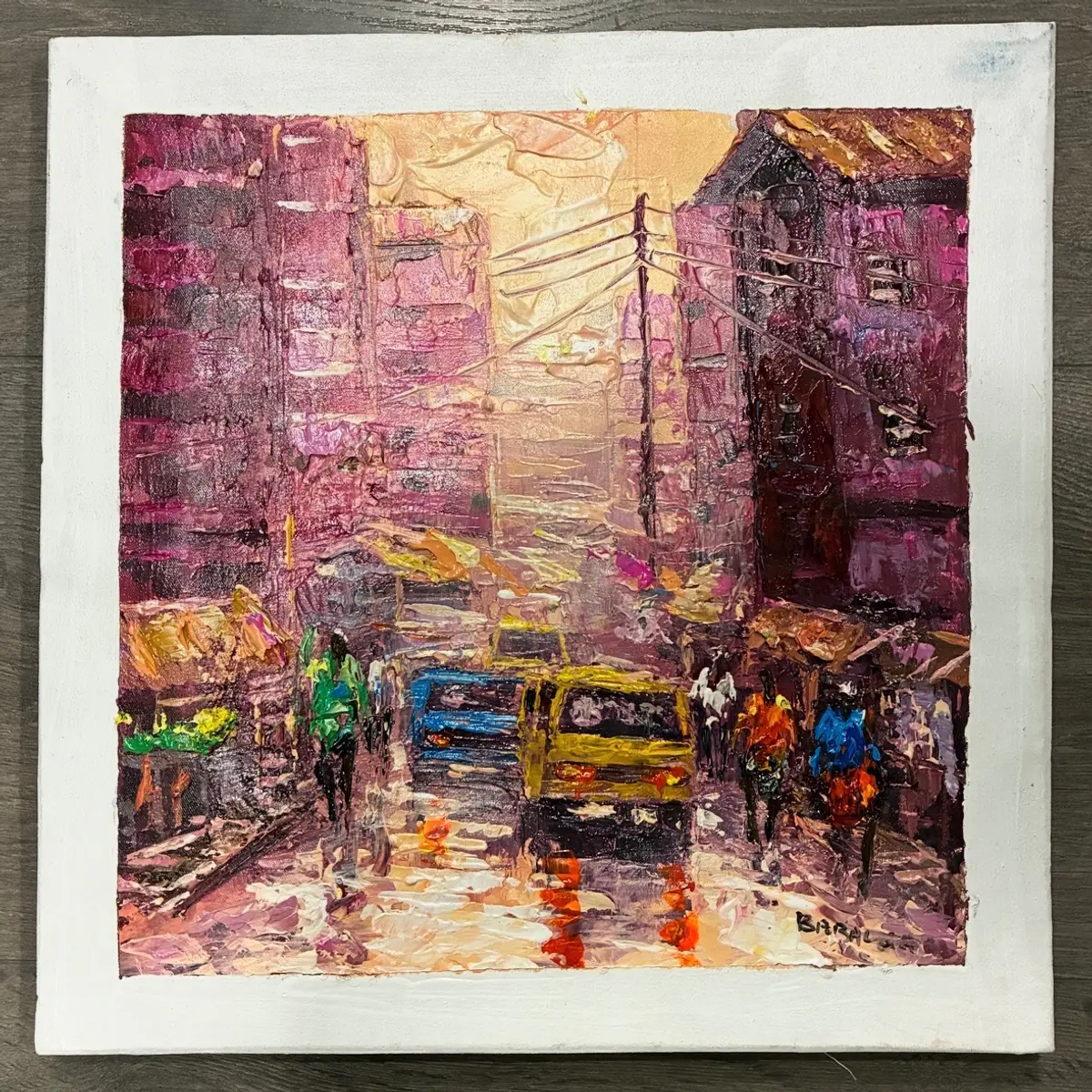 Unframed oil painting of the Yaba Road in Lagos