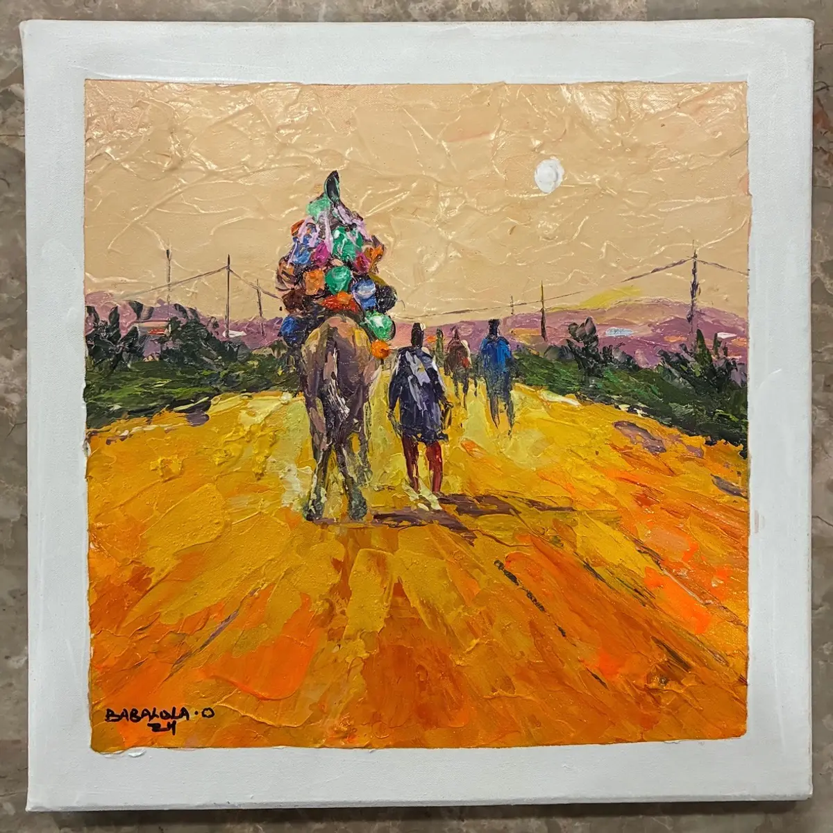 Unframed original oil painting of a journey at dusk
