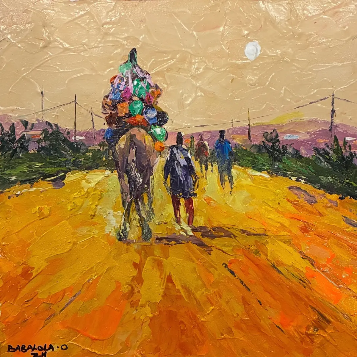 Unframed acrylic on canvas painting of a journey at dusk