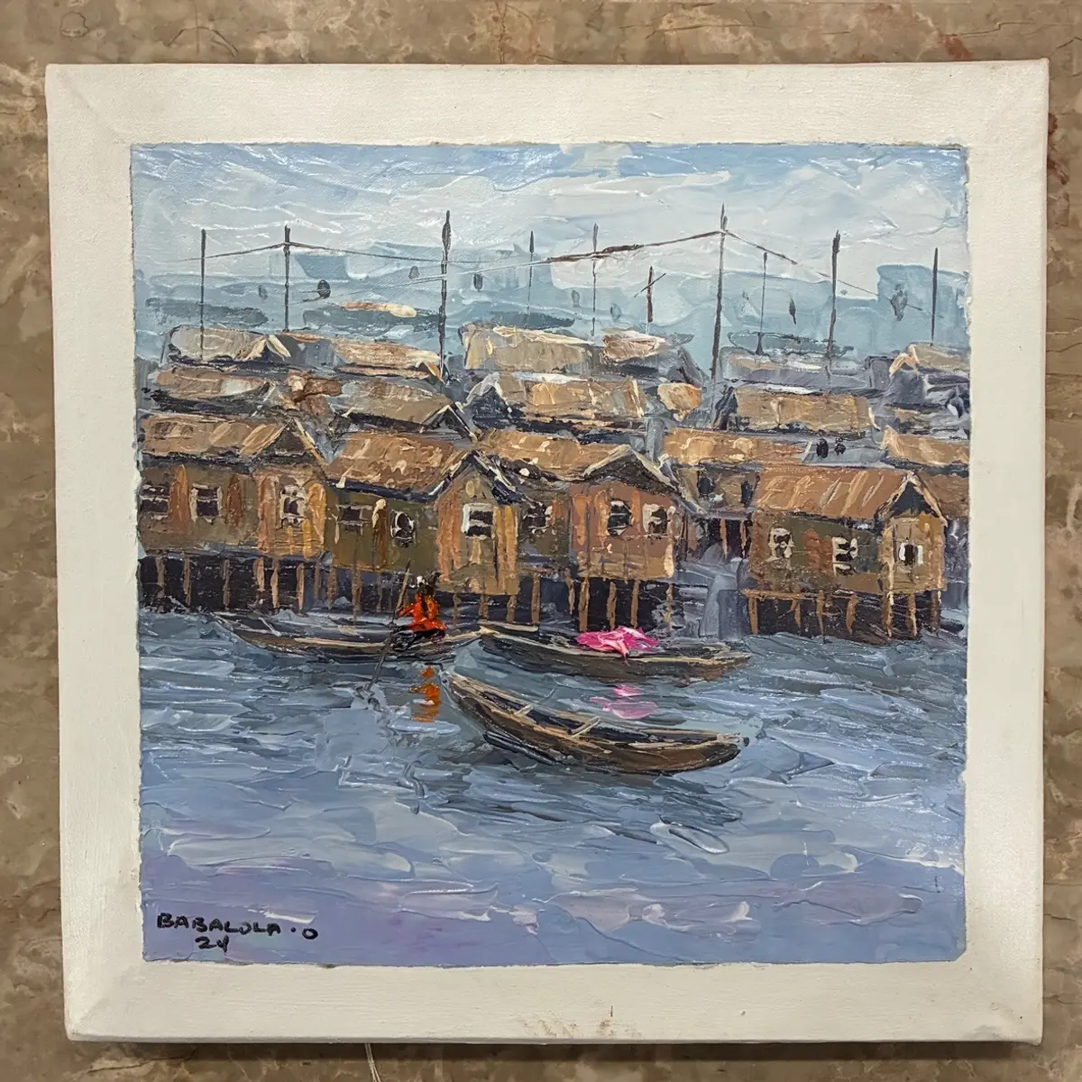 Unframed original oil painting of the Makoko
