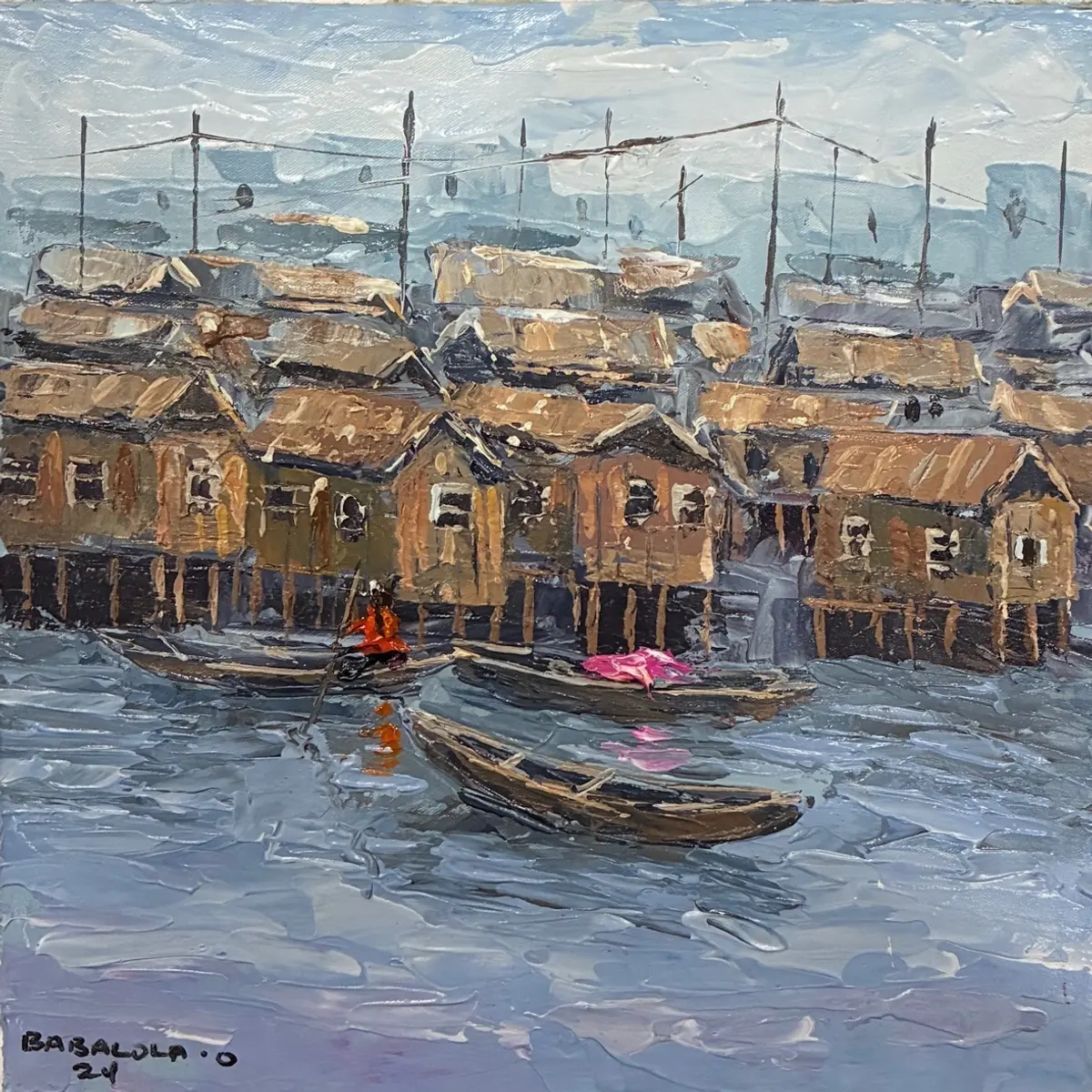 Original oil painting of the Makoko with acrylic on a canvas 