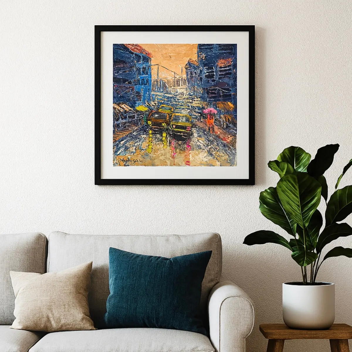 Framed oil painting of Ojuelegba Lagos on a wall