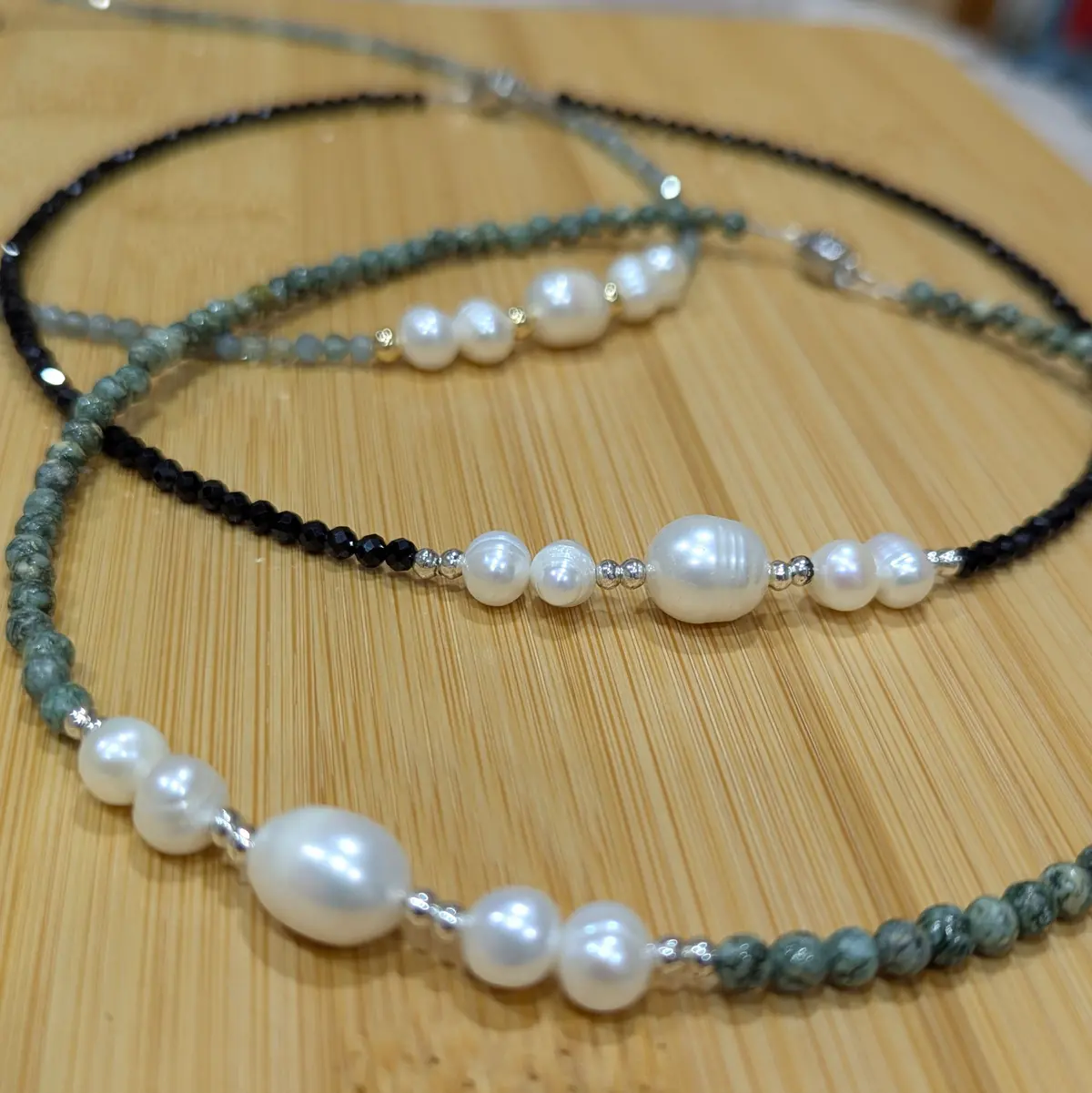 Fresh Water Pearls with Black Spinel, Apatite or Turquoise Necklaces